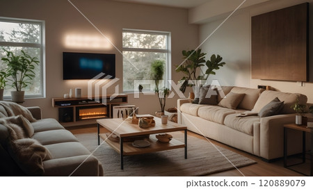 Cozy modern living room with natural light and plants, featuring minimalist decor and a warm inviting atmosphere during daytime. Generative AI Cozy modern living room with natural light and plants, featuring minimalist decor and a warm inviting atmosphere during daytime. Generative AI 120889079