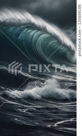 A powerful wave crashes dramatically against the shore under a moody sky during an intense ocean storm. Generative AI 120889106