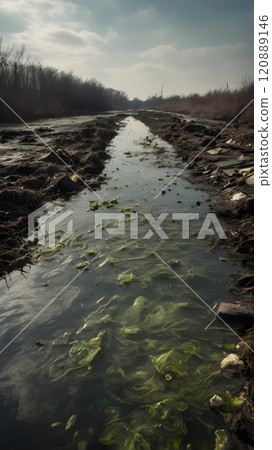 A tranquil yet troubled waterway reveals the impact of pollution as debris mingles with nature in a quiet rural landscape. Generative AI 120889146