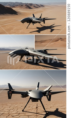 Innovative military drones poised on the arid desert landscape, showcasing advanced technology in a bright afternoon sun. Generative AI 120889150