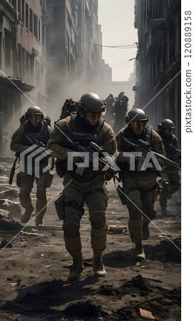 Soldiers advance through a war-torn street, navigating rubble and debris during a tense urban conflict amid smoke and chaos. Generative AI 120889158