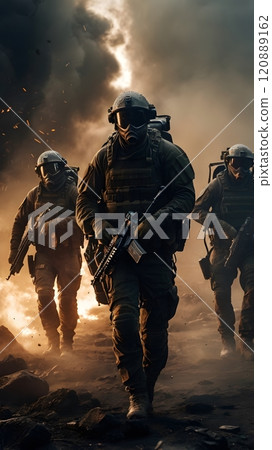 Soldiers in tactical gear advance through smoke and fire during a dramatic night operation in an urban battlefield setting. Generative AI 120889162