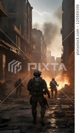 Brave soldiers navigate the devastated streets of a war-torn city during dusk, facing flames and destruction around them. Generative AI 120889166