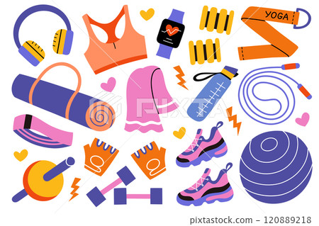 Fitness vector illustration set, gym equipment and female accessories. Dumbbells, sneakers, yoga mat, water bottle, smartwatch, towel, resistance band, and foam roller in cartoon flat style Fitness vector illustration set, gym equipment and female accessories. Dumbbells, sneakers, yoga mat, water bottle, smartwatch, towel, resistance band, and foam roller in cartoon flat style 120889218