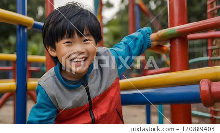 Joyful child exploring a colorful playground on a sunny day, laughing with excitement during outdoor playtime. Generative AI 120889403