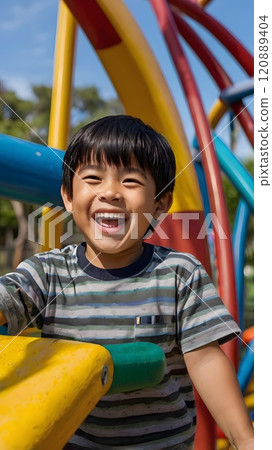A joyful child enjoys a sunny day playing on colorful playground structures in a lively park, filled with laughter and happiness. Generative AI 120889404