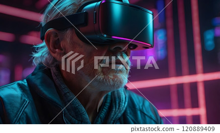 An elderly man immerses himself in virtual reality, exploring digital landscapes in a vibrant and futuristic setting. Generative AI 120889409