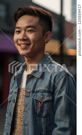 A young man smiles brightly while standing on a vibrant city street during golden hour, showcasing his stylish denim jacket. Generative AI 120889417