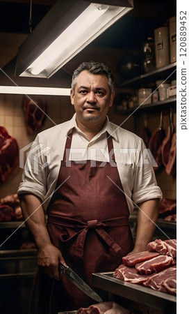 In a warmly lit meat shop, a seasoned butcher exudes pride and expertise as he holds a knife, surrounded by fresh cuts of meat 120889452