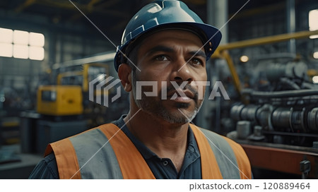 Portrait of a focused worker in an industrial setting wearing a hard hat and safety vest during a bustling daytime production shift. Generative AI 120889464
