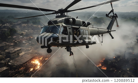 A rescue helicopter hovers dramatically over a smoldering urban landscape during a chaotic emergency response operation. Generative AI 120889512
