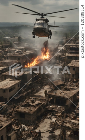 Helicopter maneuvers above a burning cityscape amidst chaos and destruction during a military operation at midday. Generative AI Helicopter maneuvers above a burning cityscape amidst chaos and destruction during a military operation at midday. Generative AI 120889514