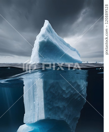 A majestic iceberg rises dramatically above the water in a moody arctic landscape under dark, stormy skies. Generative AI 120889528