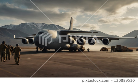 Military personnel unload cargo from a transport aircraft in a mountainous landscape during golden hour. Generative AI 120889530