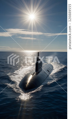 Silent guardian of the depths gliding through tranquil waters under a radiant sun at midday. Generative AI Silent guardian of the depths gliding through tranquil waters under a radiant sun at midday. Generative AI 120889555