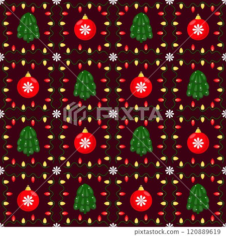 A seamless pattern of Christmas trees and balloons surrounded by garlands. A seamless pattern of Christmas trees and balloons surrounded by garlands. 120889619