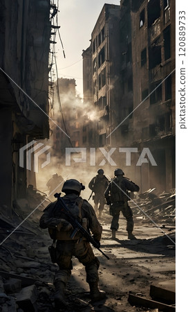 In the shadow of destruction, soldiers navigate through a war-torn cityscape during the early morning haze of conflict. Generative AI 120889733