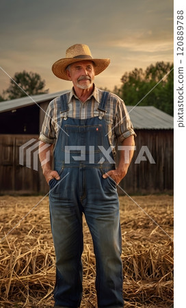 A seasoned farmer stands proudly in his overalls at sunset, surrounded by golden straw and a rustic barn in the countryside. Generative AI 120889788