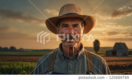 A seasoned farmer stands in golden fields at sunset, embodying years of hard work and dedication to the land and its harvest. Generative AI 120889789
