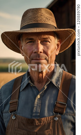 A hardworking farmer stands proudly against the backdrop of golden fields during a serene evening at the rural homestead. Generative AI 120889790