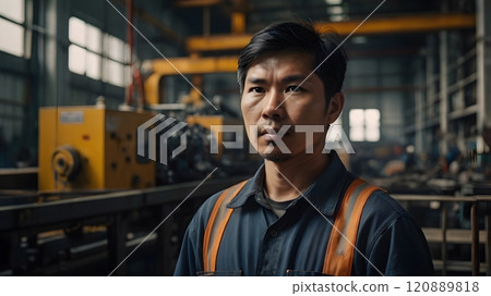 Focused engineer in a bustling workshop during late afternoon, surrounded by machinery and tools showcasing craftsmanship. Generative AI 120889818
