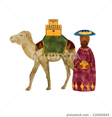 Wise man and a camel with gifts, gold, Christmas watercolor composition. Hand painted art for card, posters, stickers, tape, decoration for celebration of true Christmas. Cute minimalistic clip art 120889844