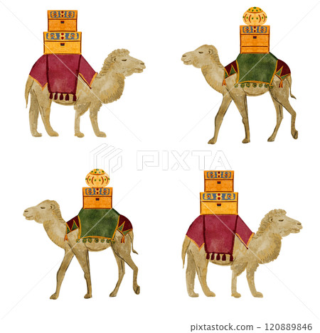 Camel with gifts in chests Christmas watercolor seamless pattern. Hand painted seamless border for textile, posters, stickers, wrapping paper decoration for Christmas. Cute minimalistic clip art 120889846