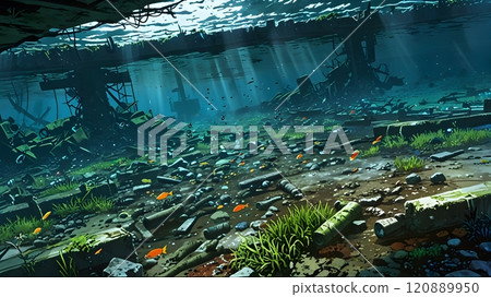 Submerged ruins of a lost city, where vibrant fish weave through remnants of a forgotten civilization beneath the tranquil waves. Generative AI 120889950