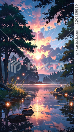 A tranquil sunset over a serene lake surrounded by lush trees and glowing fireflies in a peaceful evening setting. Generative AI 120889959