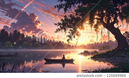 Serene twilight on the water as a solitary rower reflects amidst vibrant clouds and sparkling water in an enchanting forest. Generative AI 120889960