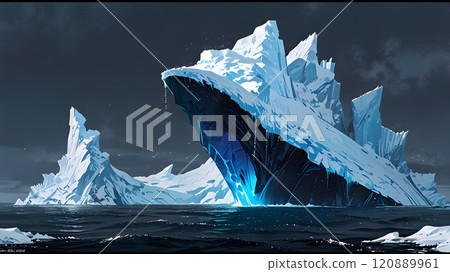 Majestic iceberg illuminated by a radiant blue hue, floating serenely in the tranquil Arctic waters under a cloud-covered sky. Generative AI 120889961