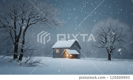 A cozy winter evening in a snow-covered landscape with a warm glow emanating from a secluded cabin at dusk. Generative AI 120889993