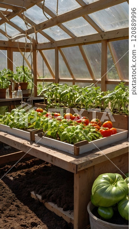 A sun-drenched greenhouse bustling with vibrant tomato plants and fresh basil, showcasing a harvest-ready garden in summer. Generative AI 120889996