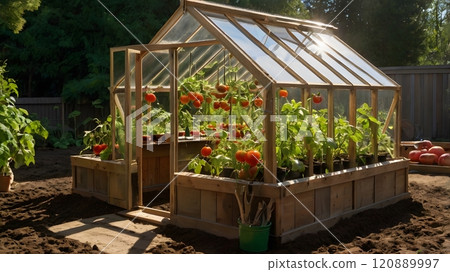 Sunlit greenhouse filled with thriving tomato plants and lush greenery in a serene garden setting during late afternoon sunlight. Generative AI 120889997