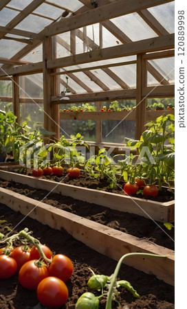 A vibrant greenhouse filled with thriving tomato plants during a sunny afternoon in early summer, showcasing nature\'s bounty. Generative AI 120889998