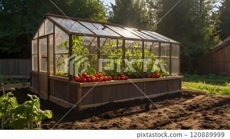 A vibrant greenhouse brimming with ripening tomatoes in a lush garden on a sunny afternoon. Generative AI 120889999