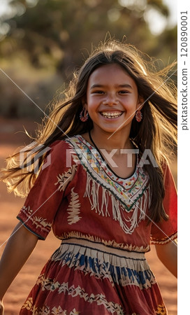 Joyful girl in traditional attire dances in the vibrant sunlight of the Australian outback during golden hour. Generative AI 120890001