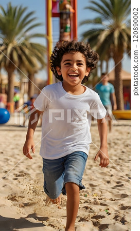 Joyful child running on sandy beach playground under palm trees during a sunny day. Generative AI 120890002