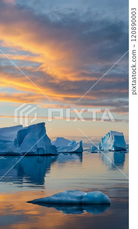 Breathtaking view of serene icebergs reflecting a colorful sunset in a tranquil Arctic landscape. Generative AI 120890003