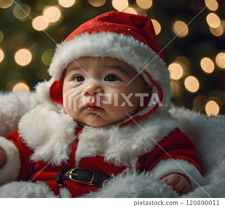 A cheerful baby dressed as Santa Claus gazes into the festive lights on a cozy holiday evening. Generative AI 120890011