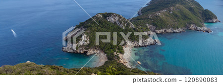 Panorama of Porto Timoni beach at Greek island Corfu. Panorama of Porto Timoni beach at Greek island Corfu. 120890083