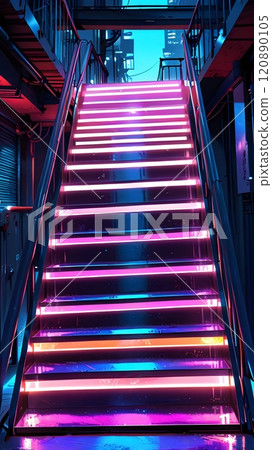 Luminous staircase with vibrant neon lights leading up to a bustling urban rooftop at night. Generative AI Luminous staircase with vibrant neon lights leading up to a bustling urban rooftop at night. Generative AI 120890105