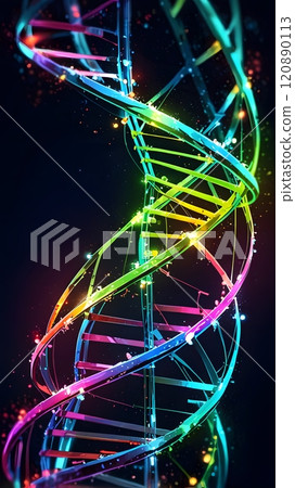 Colorful representation of a DNA double helix illuminated by vibrant lights against a dark background showcasing scientific wonder. Generative AI 120890113