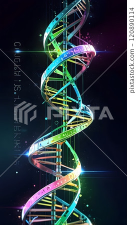 Vibrant DNA helix illuminated in a cosmic setting, symbolizing the beauty of genetic science and biological innovation at night. Generative AI Vibrant DNA helix illuminated in a cosmic setting, symbolizing the beauty of genetic science and biological innovation at night. Generative AI 120890114