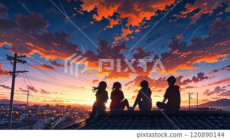 A serene sunset gathering of four friends atop a rooftop overlooking a vibrant cityscape, captured during twilight hours. Generative AI 120890144