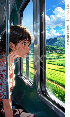 A young woman gazes out the train window, captivated by rolling green fields and serene hills under a bright blue sky. Generative AI 120890150