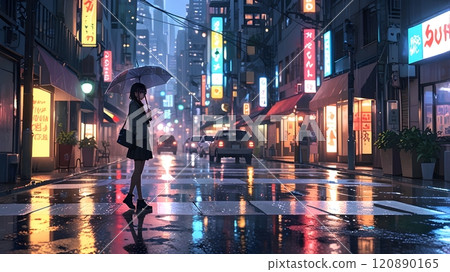 A young woman with an umbrella stands on a rainy street illuminated by neon lights in a busy urban setting at night. Generative AI 120890165