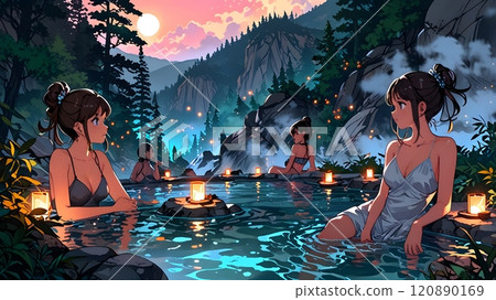 Serene evening in a tranquil hot spring amidst mountains and glowing lanterns surrounded by friends basking in nature\'s beauty. Generative AI 120890169