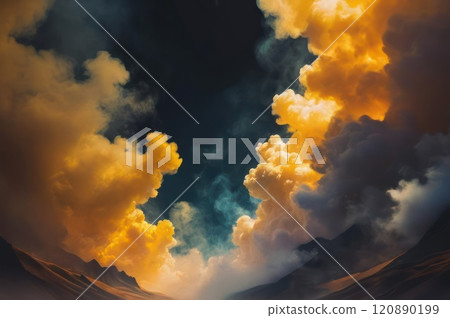 Yellow Orange Color smoke. Paint water splash. Fire flame. Cosmic stardust. Glowing glitter vapor texture on dark black abstract art background with free space.. AI 120890199