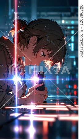 A focused vigilante prepares for action in a neon-lit urban setting during a tense moment of reflection and resolve. Generative AI 120890200